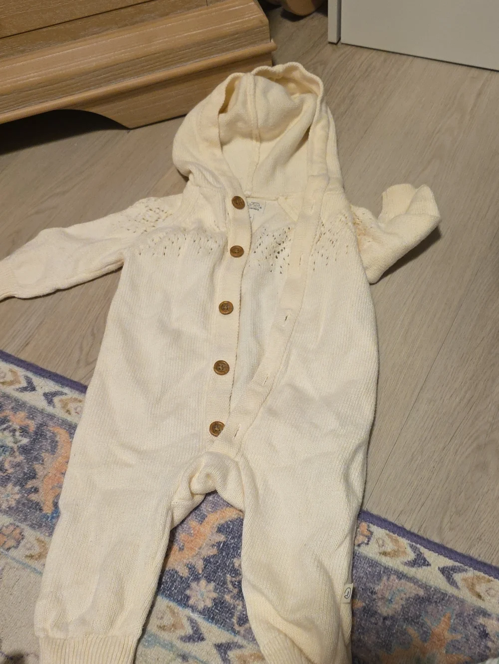 Neutral Cream Hooded Knit One-Piece for Kids